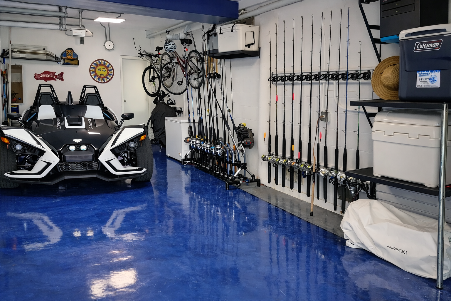 Blue Polymer Floor Garage with Polaris Slingshot and Fishing Rods