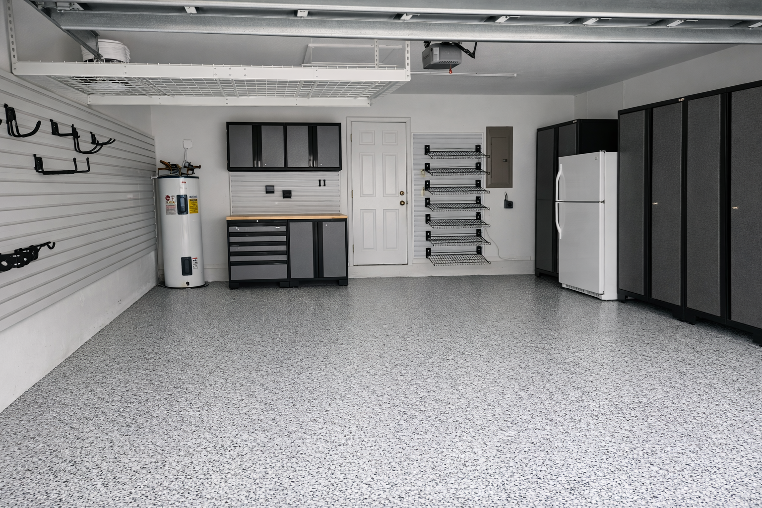 Complete Gray Garage with Overhead Storage, Cabinets, and Wire Shelving