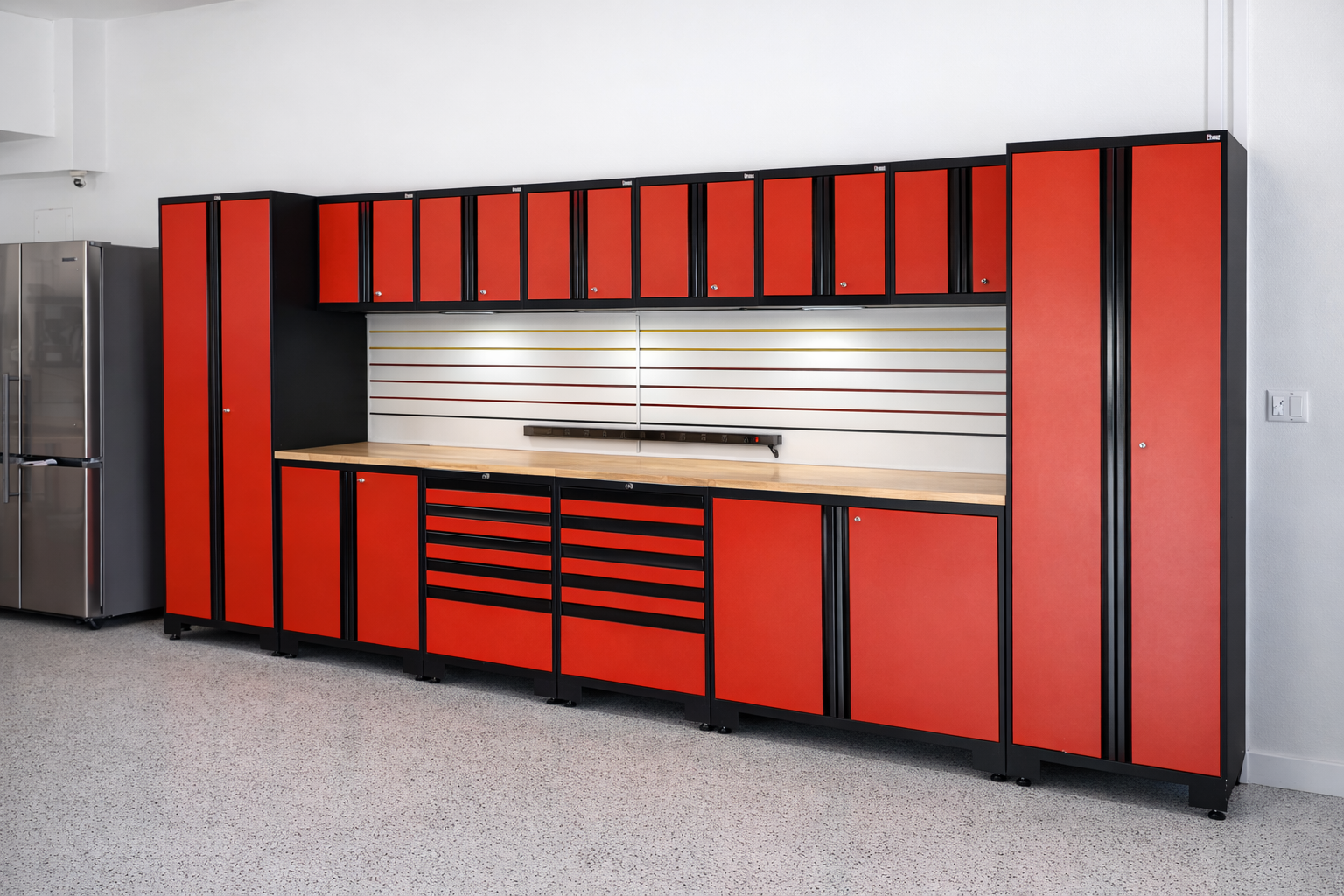 Housewall Garage Organization - Red Metallic Cabinets