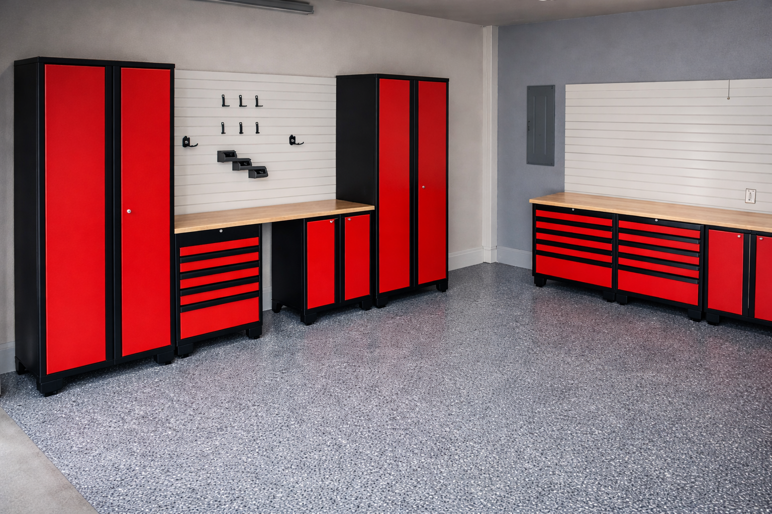 Professional Red L-Shaped Cabinet Garage with White Slatwall and Polymer Flooring